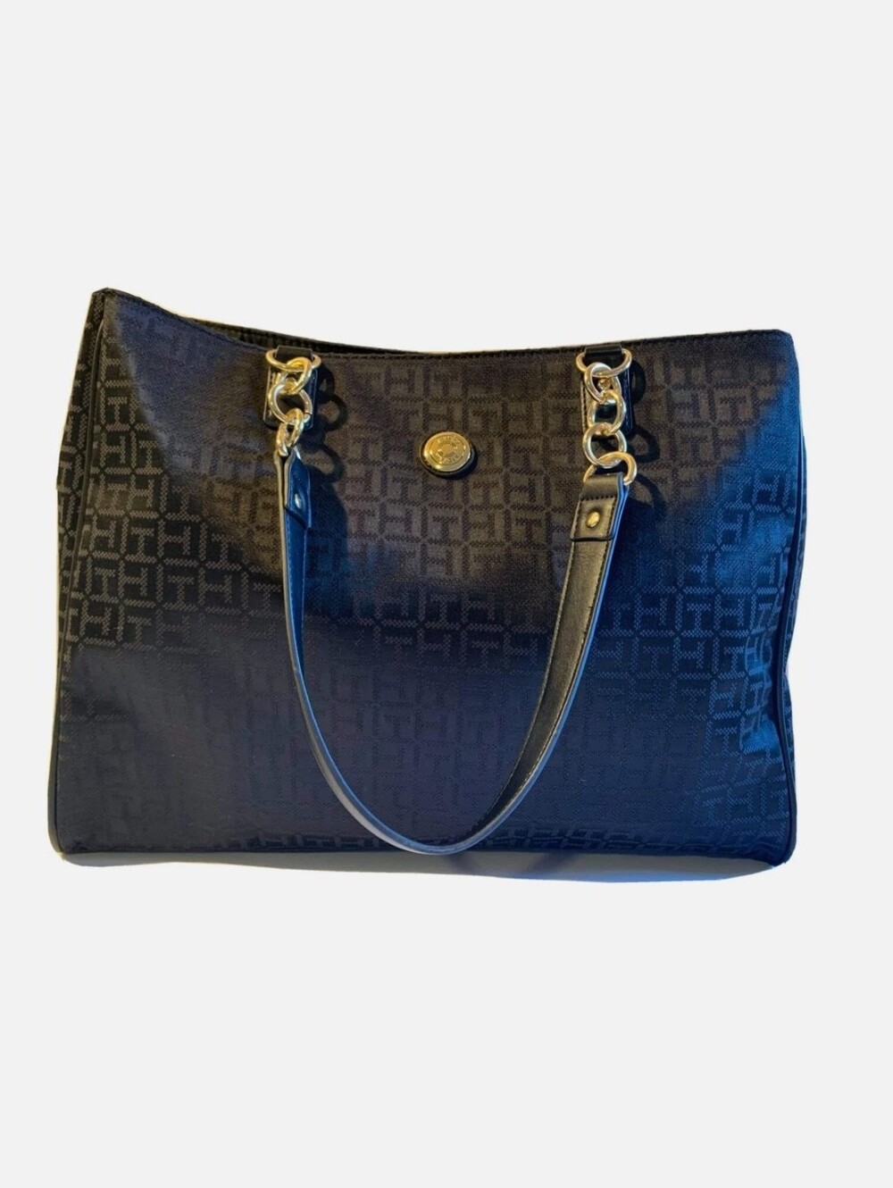 Tommy Hilfiger Black Signaturr Logo Jacquard Tote with Gold-Tone Hardware